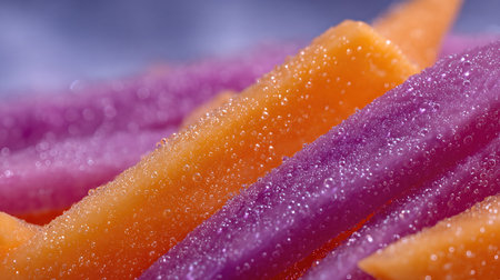 Purple and orange vegetable strips under soft light. Water droplets cling to the surfaces, highlighting the textures of the vegetables.の素材