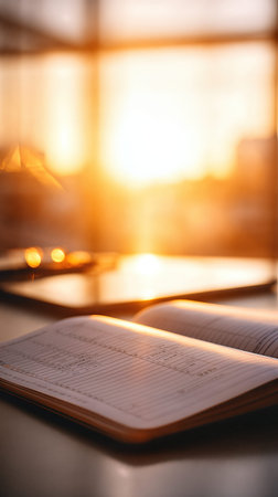 Individual sits at a table using a notebook and tablet for budget planning as the warm light of sunset fills the space.の素材