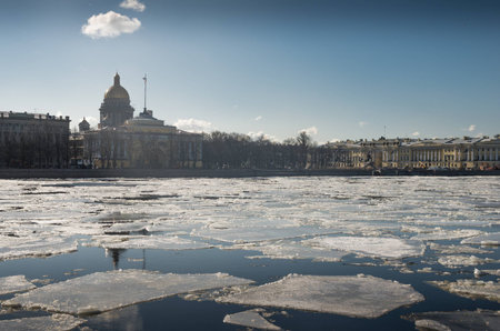 Floating of ice on the river Neva in Saint-Petersburg