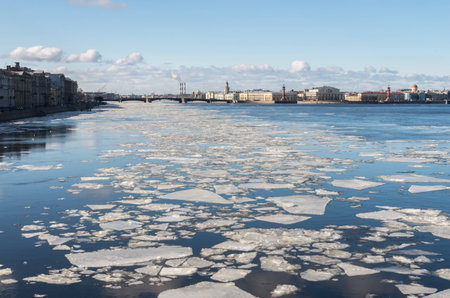 Floating of ice on the river Neva in Saint-Petersburgの写真素材