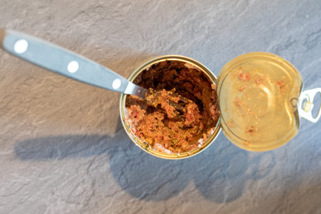 Canned food for cats or dogs in metal bowl