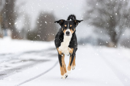 Bernese mountain dog running in the snow in winter. Bernese mountain dog.の写真素材