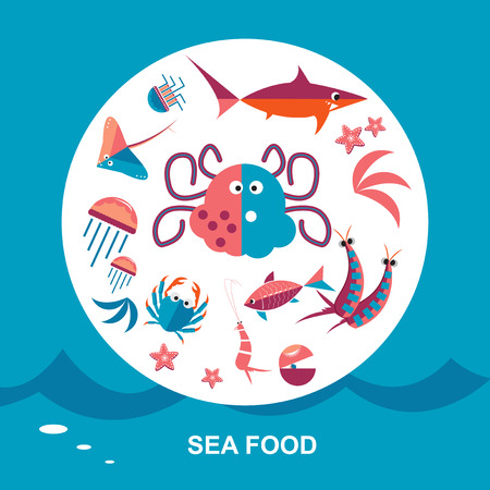 Set of seafood cuisine vector illustration. Cartoon style backgroundのイラスト素材