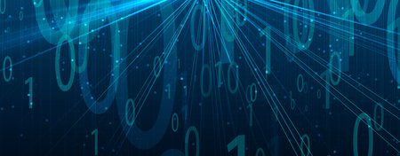 Bytes of binary code run through network. Abstract futuristic syberspace. Modern Technology...