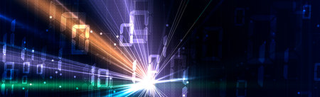 Bytes of binary code run through network. Abstract futuristic syberspace. Modern Technology...