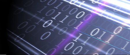 Bytes of binary code run through network. Abstract futuristic syberspace. Modern Technology...