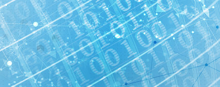 Bytes of binary code run through network. Abstract futuristic syberspace. Modern Technology...