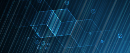 Quantum processing. Deep learning artificial intelligence. Future new technology  for business or science presentation. Vector backgroundのイラスト素材