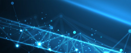 Technology background, futuristic and innovative include elements such as circuit boards, microchips, computer keyboards, wires, cables, and geometric shapes.のイラスト素材