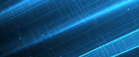 Technology background, futuristic and innovative include elements such as circuit boards, microchips, computer keyboards, wires, cables, and geometric shapes.のイラスト素材