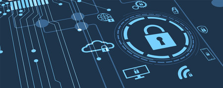 internet digital syber security technology concept for business background. Lock on circuit board