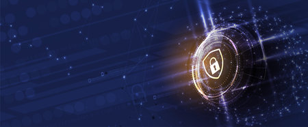 internet digital cyber security technology concept for business background. Lock on circuit board....