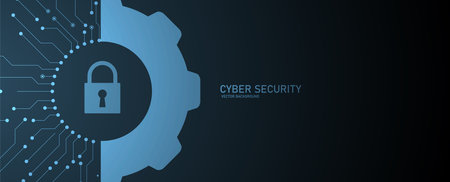 A padlock icon is centrally placed on a background of intricate, glowing connections, symbolizing the concept of digital safety. The setting is a dark blue gradient with a circular motion effect, suggesting technology and innovation. The padlock, light or dark, with a keyhole at its center, serves as a symbol of protection and privacyのイラスト素材