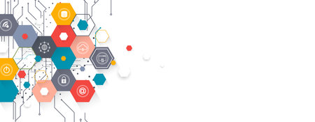 Geometric hexagon abstract background with simple polygonal elements. Medical, business, technology or science design.のイラスト素材