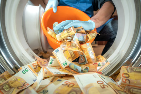 Euro money banknotes in a washing machine, closeup inside view. Concept of corruption, money...