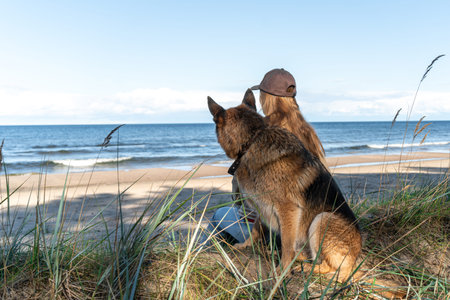Woman sitting on seaside with dogs