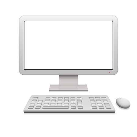 Modern desktop computer with a blank widescreen monitor, wireless keyboard and mouseのイラスト素材