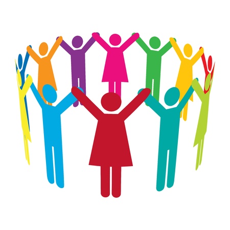 Colourful people holding hands high up in a circle.のイラスト素材