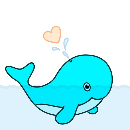 Cute baby whale cartoon character blowing a heart water splashのイラスト素材