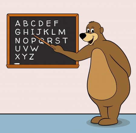 Bear teacher cartoon character with blackboard & alphabetのイラスト素材