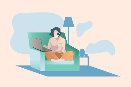 A girl in pejamas works at a laptop in an armchair and holds a mug. Work from home, freelance, study. Vector illustration.のイラスト素材