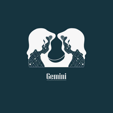 Gemini. Zodiac sign design. Zodiac design with star grid. Abstract gemini design. Signs with texts in Latin.のイラスト素材