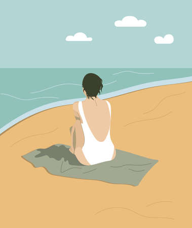 Summer vacations. Flat vector illustration. Woman summer relaxing. Summer vacation poster or flyer design template. Illustration pastel colors. Girl on the beach looking at the sea. Girl in a white bathing suit.のイラスト素材