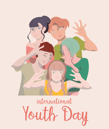International Youth Day. Doodle vector illustration. Illustration in a flat style together for a holiday celebration. A group of friends consisting of boys and girls. Friends take a photo together. Friendly hug. Hand drawn style vector.のイラスト素材