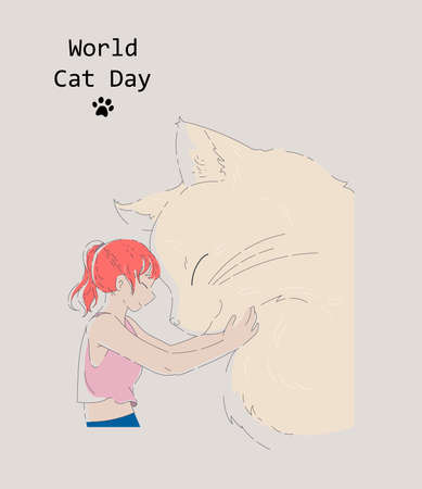 World Cat Day. Funny hand drawing of a girl holding her cat. Illustration for card, poster, banner, label. Hug your cat. The girl hugs the cat.のイラスト素材