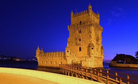 Belem tower at night, Lisbon, Portugalのeditorial素材