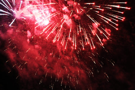 Beautiful fireworks in the night sky. A bouquet of red and orange lights. Celebrating Christmas and...