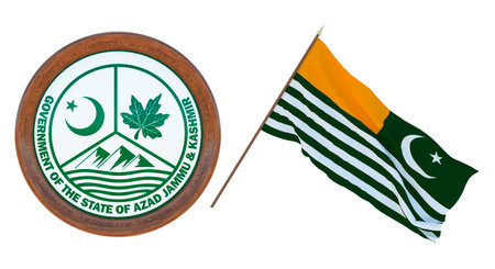 Background for editors and designers. National holiday.. 3D illustration. Flag and the coat of arms of Azad Kashmir.の写真素材