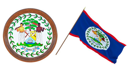Background for editors and designers. National holiday.. 3D illustration. Flag and the coat of arms of Belize.の写真素材