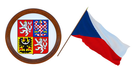 Background for editors and designers. National holiday.. 3D illustration. Flag and the coat of arms of the Czech Republic.の写真素材