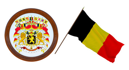 Background for editors and designers. National holiday.. 3D illustration. Flag and the coat of arms of Belgium.の写真素材