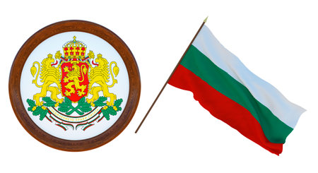 Background for editors and designers. National holiday.. 3D illustration. Flag and the coat of arms of Bulgaria.の写真素材