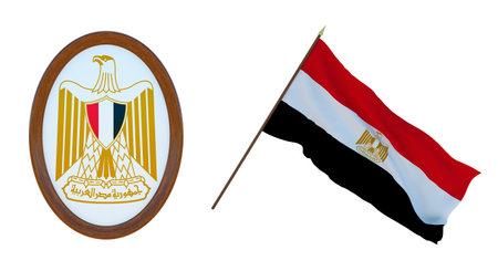 Background for editors and designers. National holiday.. 3D illustration. Flag and the coat of arms of Egypt.の写真素材