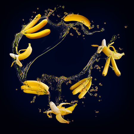 Juicy delicious banana with splashes of juice is very healthyの写真素材