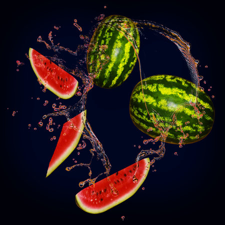 Juicy delicious watermelon with splashes of juice background for designersの写真素材