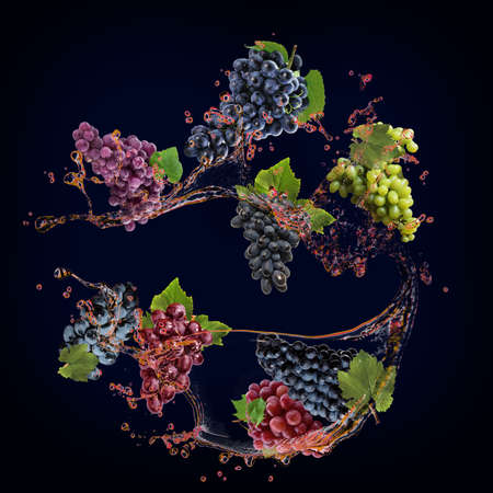 Juicy delicious grapes with splashes of juice background for designersの写真素材