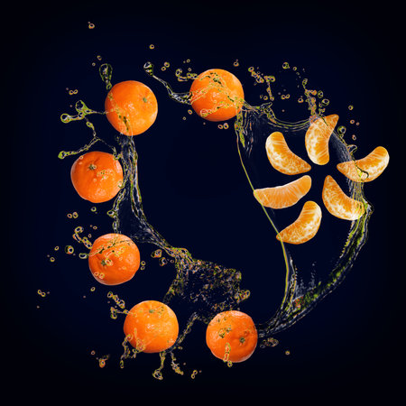 Juicy tasty tangerine with splashes of juice is full of vitaminsの写真素材
