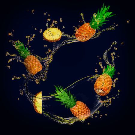 Juicy tasty pineapple with splashes of juiceの写真素材