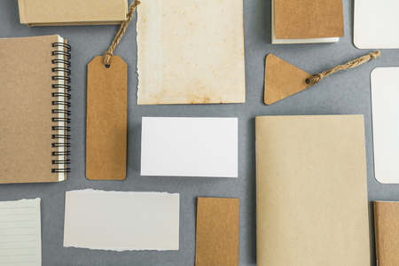 Collection of various paper, cardboard, tag, card and book with soft shadows.の写真素材