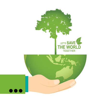 Save the world poster design template with hand holding globe and tree. Vector illustrationのイラスト素材
