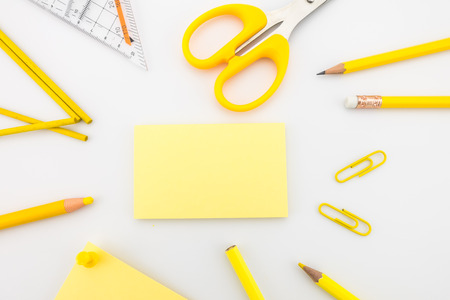 Stationery template with blank business cards, pencil, color pencilの写真素材