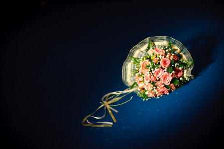 wedding bouquet on the billiard-tableの写真素材