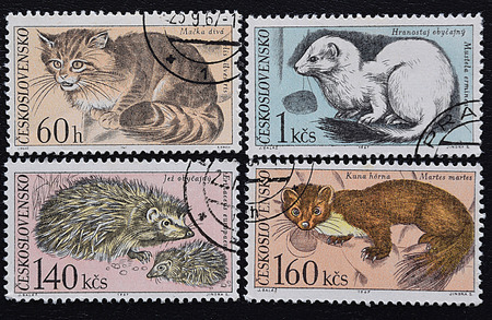 A series of old postage stamps of Czechoslovakia. Mammal animals of Europe.のeditorial素材
