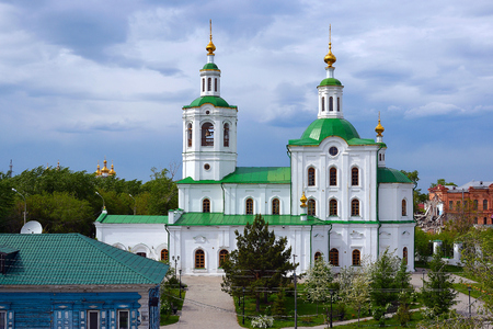 Vosnisensko-Georgievsky temple of the city of Tyumen. View from the Bridge of Lovers.の写真素材