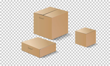 The set of 3d mockups of closed cardboard boxes for shipping and storage of equipment and goods. Transparent background. Realistic shadows. Vector illustration.のイラスト素材