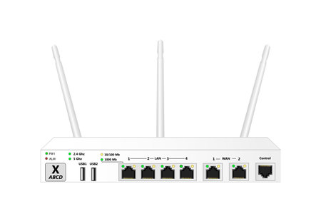 Dual Band Wireless service router with control port, 2 WAN port 4 LAN ports and 2 USB ports. The router has 3 antennas. White color. Vector illustration.のイラスト素材